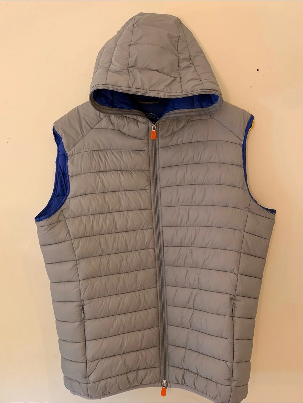 SAVE THE DUCK Zip Front Lightweight Gray Hooded Puffer Vest Blue Lining Sz M